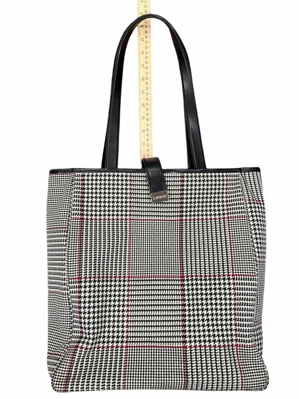 Lauren Ralph Lauren Houndstooth Tote Black White Red Snap, Lined Pockets